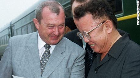 Kim Jong Il, right, and Konstantin Pulikovsky, who was the Russian President&#39;s representative in the Far East, are seen in the Russian city of Vladivostok on July 26, 2001.