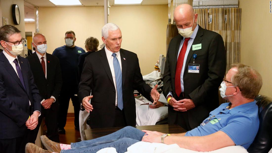 US Vice President Mike Pence visits Dennis Nelson, a patient who survived the coronavirus and was going to give blood, during a tour of the Mayo Clinic in Rochester, Minnesota, on April 28, 2020. &lt;a href=&quot;https://www.cnn.com/2020/04/28/politics/mike-pence-mayo-clinic-mask/index.html&quot; target=&quot;_blank&quot;&gt;Pence chose not to wear a face mask during the tour&lt;/a&gt; despite the facility&#39;s policy that&#39;s been in place since April 13. Pence told reporters that he wasn&#39;t wearing a mask because he&#39;s often tested for coronavirus.