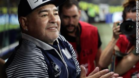 Argentine former football star Diego Maradona gestures before a match in March in Buenos Aires.