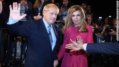 Boris Johnson with his wife Carrie Johnson following his keynote speech at the 2019 Conservative Party Conference in Manchester.