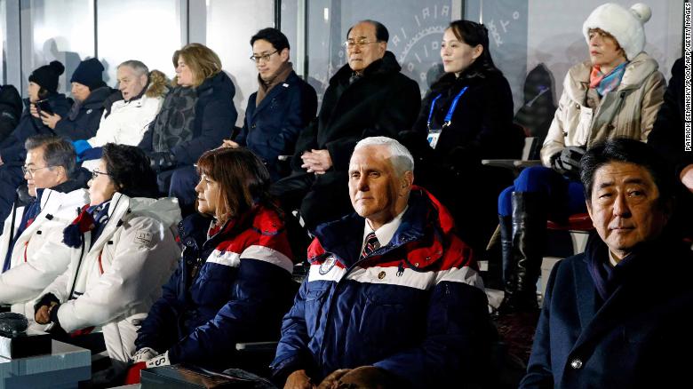 Dignitaries including (bottom left to right) South Korea&#39;s President Moon Jae-in, Moon&#39;s wife Kim Jung-Sook, US Vice President Mike Pence, Pence&#39;s wife Karen Pence, Japan&#39;s Prime Minister Shinzo Abe, North Korea&#39;s ceremonial head of state Kim Yong Nam (back, third right), Kim Yo Jong (back second right) and German President Frank-Walter Steinmeier&#39;s wife Elke Buedenbender (back right) attend the opening ceremony of the Pyeongchang 2018 Winter Olympic Games.