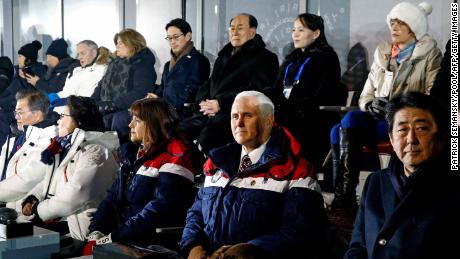 Dignitaries including (bottom left to right) South Korea&#39;s President Moon Jae-in, Moon&#39;s wife Kim Jung-Sook, US Vice President Mike Pence, Pence&#39;s wife Karen Pence, Japan&#39;s Prime Minister Shinzo Abe, North Korea&#39;s ceremonial head of state Kim Yong Nam (back, third right), Kim Yo Jong (back second right) and German President Frank-Walter Steinmeier&#39;s wife Elke Buedenbender (back right) attend the opening ceremony of the Pyeongchang 2018 Winter Olympic Games.