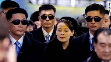 Kim Yo Jong, center, arrives at the Jinbu train station in Pyeongchang, South Korea on February 9, 2018.