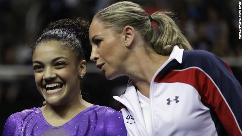 Maggie Haney, right, speaks with gymnast Laurie Hernandez during the 2016 US Olympic Women&#39;s Gymnastics Team Trials in San Jose, California.