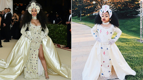 Cardi B (left) at the 2017 &quot;Heavenly Bodies: Fashion and the Catholic Imagination&quot; Met Gala, and 7-year-old Aili Adalia Boler in her appropriation.