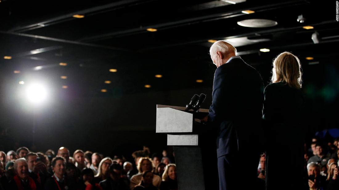 Biden speaks at a caucus-night rally in Des Moines, Iowa, in February 2020. He finished a disappointing fourth.
