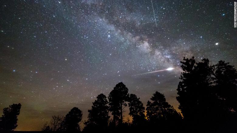 This image shows the Eta Aquarid meteor in 2016, seen on the Coconino Rim along the Arizona Trail.