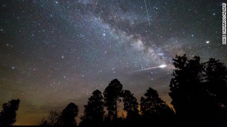 This image shows the Eta Aquarid meteor in 2016, seen on the Coconino Rim along the Arizona Trail.