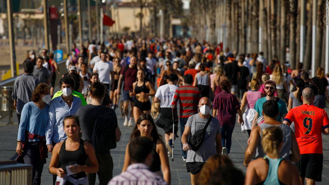 People exercise on a seafront promenade in Barcelona, Spain, on May 2, 2020. Spaniards filled the country&#39;s streets to &lt;a href=&quot;https://www.cnn.com/2020/05/02/europe/spain-lockdown-coronavirus-exercise-intl/index.html&quot; target=&quot;_blank&quot;&gt;work out for the first time&lt;/a&gt; after seven weeks of confinement in their homes. 