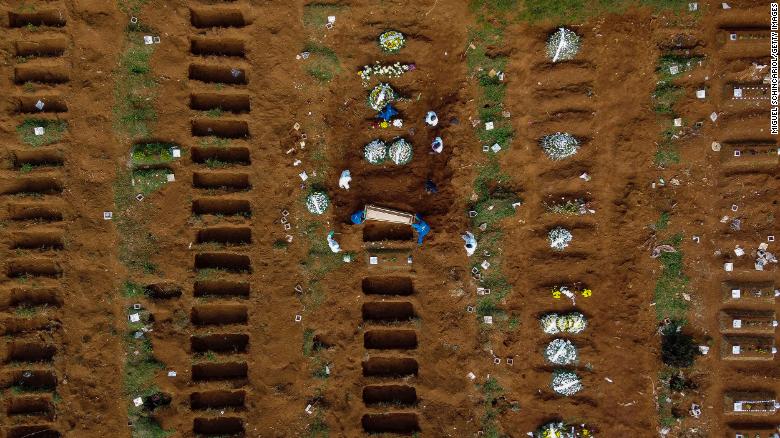 An aerial view of Vila Formosa cemetery in Sao Paulo, during an April burial.