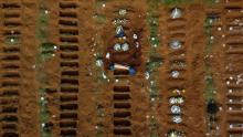 An aerial view of Vila Formosa cemetery in Sao Paulo, during an April burial.