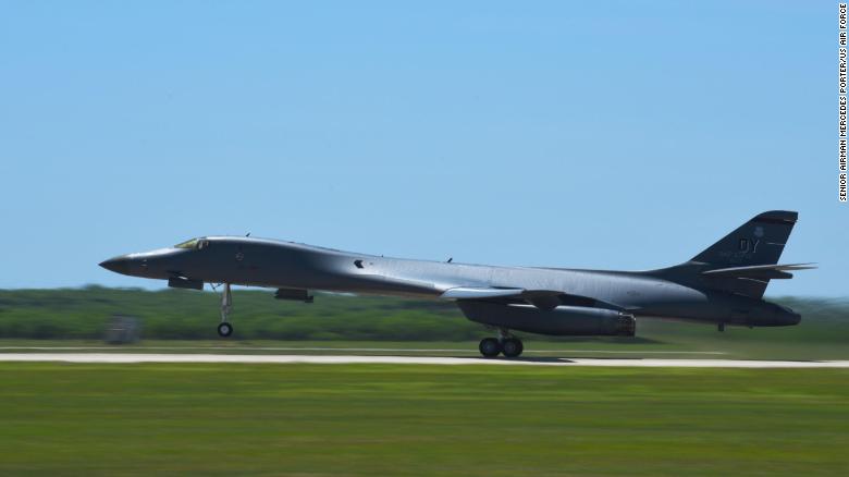 A B-1 bomber takes off from Dyess Air Force Base, Texas, on April 30, 2020 for deployment to Andersen Air Force Base, Guam.
