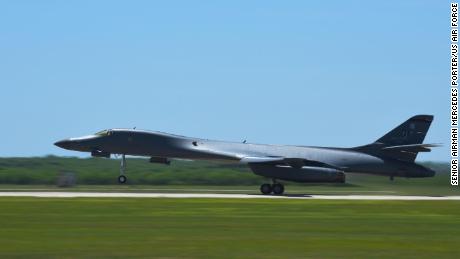 A B-1 bomber takes off from  Dyess Air Force Base, Texas, on April 30, 2020 for deployment to Andersen Air Force Base, Guam.