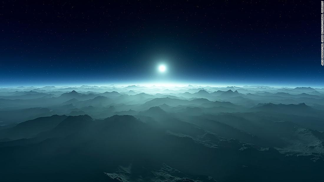 This is an artist&#39;s illustration of an exoplanet&#39;s atmosphere with a white dwarf star visible on the horizon. The starlight of a white dwarf filtered through the atmosphere of an exoplanet that&#39;s orbiting it could reveal if the planet has biosignatures.