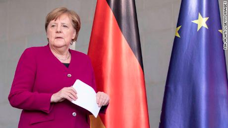 German Chancellor Angela Merkel arrives at a news conference in Berlin on April 23.
