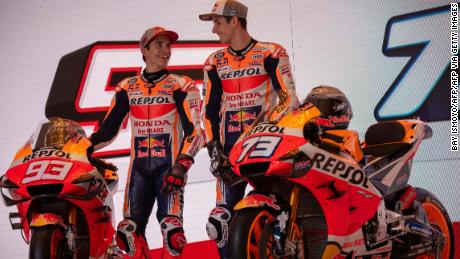 Marc Marquez (L) and his brother Alex Marquez (R) at the Repsol Honda team&#39;s official presentation for the 2020 season in Jakarta on February 4, 2020.