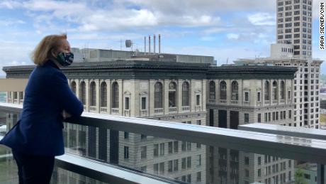 Seattle Mayor Jenny Durkan with mask on overlooking city