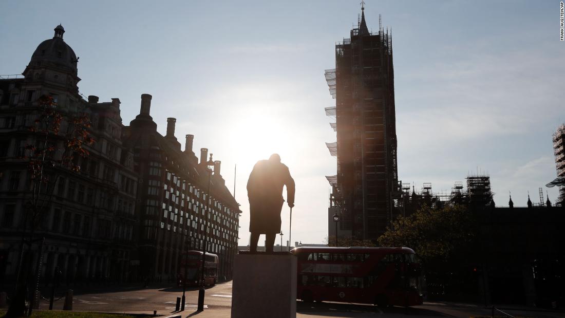 The statue of Britain&#39;s wartime prime minister, Winston Churchill, stands in an almost empty Parliament Square in London. To mark the anniversary of VE Day, the BBC has said it will rebroadcast Churchill&#39;s speech declaring victory in Europe.