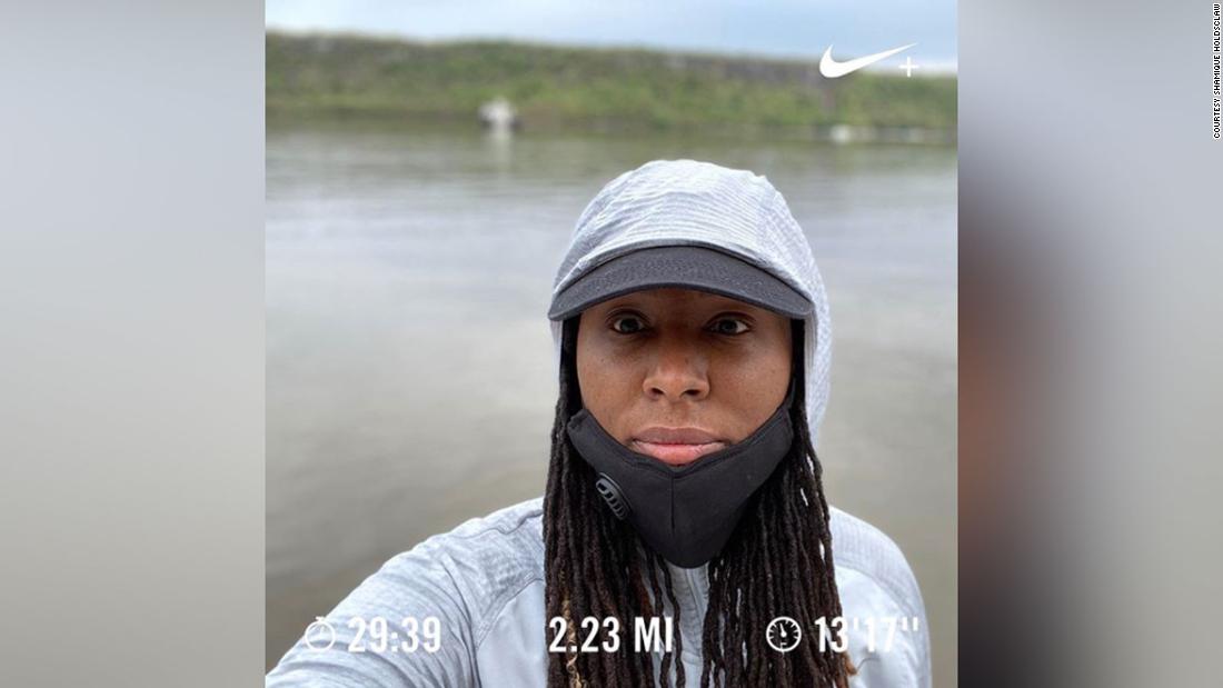 Shamique Holdsclaw, a former WNBA player, participates in a run for the #IRunWithMaud movement on May 8 in New York.