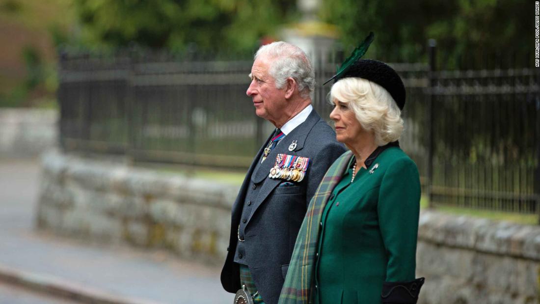 Britain&#39;s Prince Charles and his wife Camilla, the Duchess of Cornwall, take part in a two-minute silence at the Balmoral War Memorial near Crathie, Scotland.