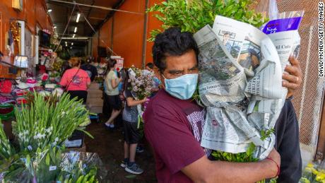 Businesses in the flower district in Skid Row reopen in time for Mothers Day in Los Angeles, California.