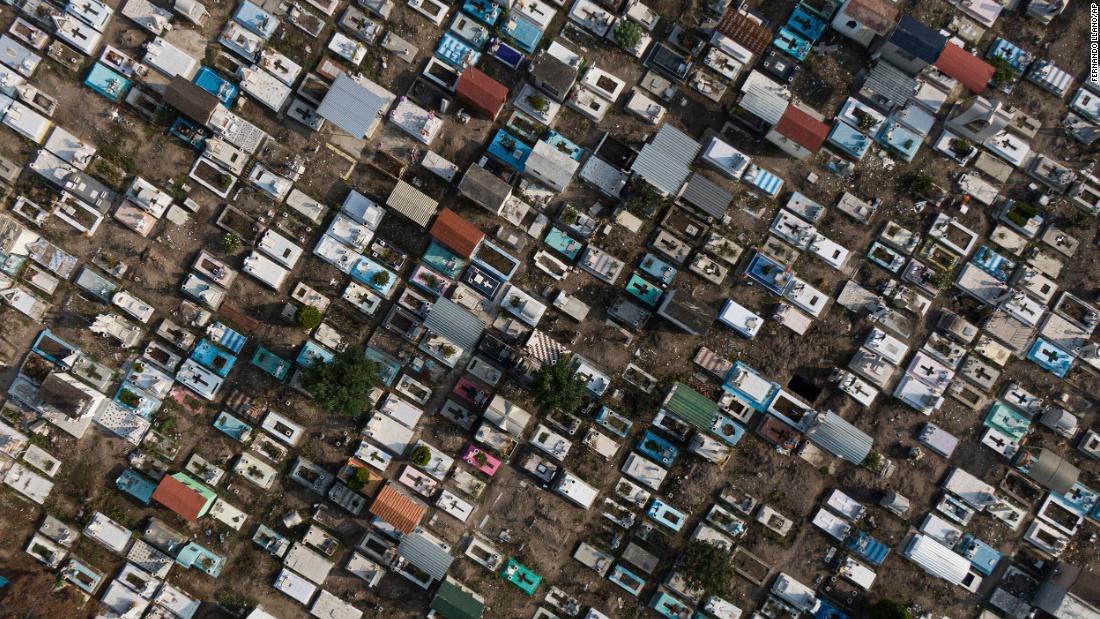 The San Isidro cemetery in Mexico City, which was temporarily closed to the public to limit the spread of Covid-19, is seen in this aerial photo taken on May 10, 2020.