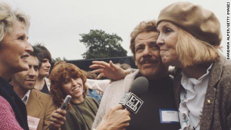 Stiller and Meara are interviewed at an anti-nuclear rally in New York in 1982.