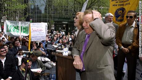 Stiller and Meara join a rally in New York in 2000, lending their support to a strike by the Screen Actors Guild over cable TV payments.