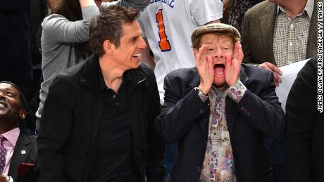 Stiller and his son attend a New York Knicks basketball game in 2012.