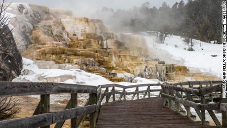 A picture from March of empty boardwalks at Mammoth Hot Springs in Yellowstone National Park.
