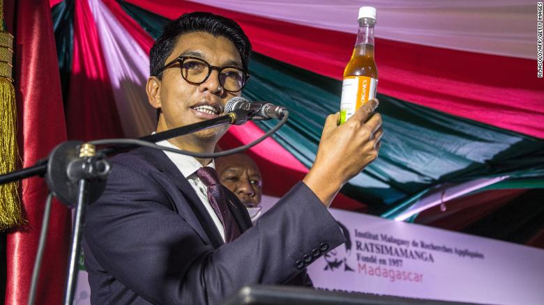 The President of Madagascar, Andry Rajoelina, attends a ceremony April 20 to launch Covid Organics.