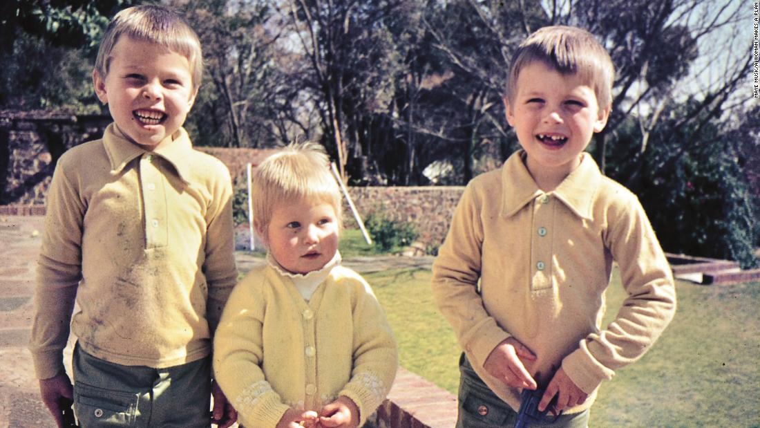 Musk is seen at left with his sister, Tosca, and Kimbal in 1976.