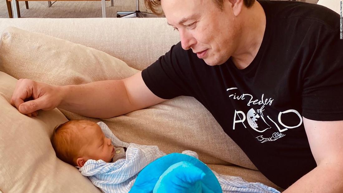 Musk looks at his new baby boy in &lt;a href=&quot;https://twitter.com/mayemusk/status/1259297517776171008&quot; target=&quot;_blank&quot;&gt;this tweet &lt;/a&gt;posted by his mother in May 2020. The baby, &lt;a href=&quot;https://www.cnn.com/2020/05/06/entertainment/grimes-elon-musk-baby-name-intl-scli/index.html&quot; target=&quot;_blank&quot;&gt;named X Æ A-12,&lt;/a&gt; is his first child with Grimes. He has five other children from a previous marriage.