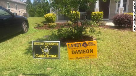 A sign congratulating Dameon Shepard sits on the lawn of the family&#39;s home. 