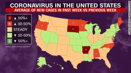 This map, reflecting data as of May 13, 2020, shows the percentage change in the average number of new cases each day over the week ending yesterday compared to the same number for the previous week.