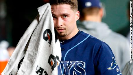 Blake Snell wipes his face at Minute Maid Park on October 05, 2019 in Houston, Texas.