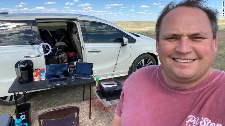 Walter Kinzie has been working out of his minivan for two months.