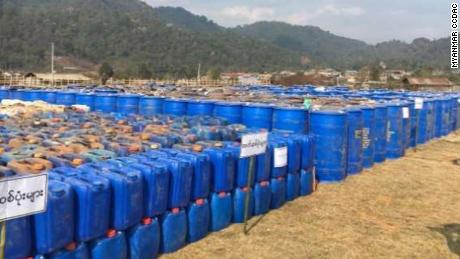 Barrels of chemicals from the seizure are seen in this handout photograph from the Myanmar government.