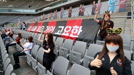 Sex dolls cheer on a soccer match between FC Seoul and Gwangju FC.