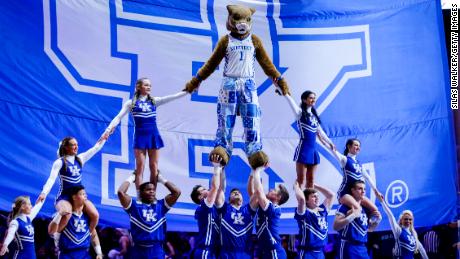 The Kentucky Wildcats mascot preforms with the cheerleading team during a February 2020 game.