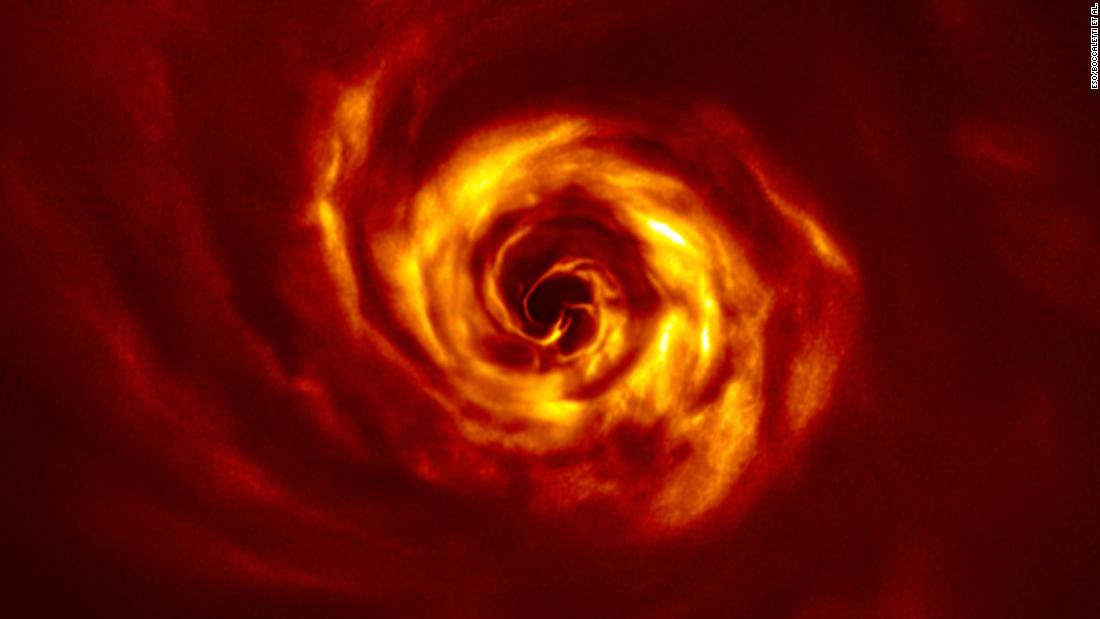 A bright yellow &quot;twist&quot; near the center of this image shows where a planet may be forming around the AB Aurigae star. The image was captured by the European Southern Observatory&#39;s Very Large Telescope.