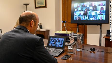 Portuguese Minister of State, Economy and Digital Transition, Pedro Siza Vieira, meets via Zoom video conference with members of the Portuguese Foreign Press Association AIEP to discuss the government&#39;s economic response to the coronavirus pandemic. (Horacio Villalobos/Corbis/Getty Images)
