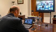 Portuguese Minister of State, Economy and Digital Transition, Pedro Siza Vieira, meets via Zoom video conference with members of the Portuguese Foreign Press Association AIEP to discuss the government&#39;s economic response to the coronavirus pandemic. (Horacio Villalobos/Corbis/Getty Images)