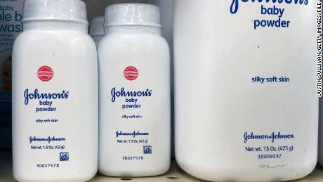 Containers of Johnson&#39;s baby powder made by Johnson and Johnson are displayed on a shelf on July 13, 2018 in San Francisco.