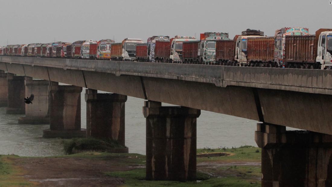 Trucks are stranded on a bridge in Paradeep.