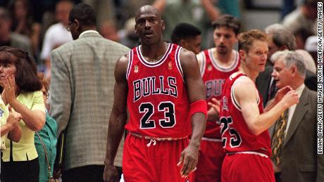 Jordan walks on the court during game five of the NBA Finals against the Utah Jazz.