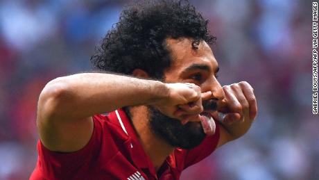 Salah celebrates after scoring the opening goal during the UEFA Champions League final in 2019.