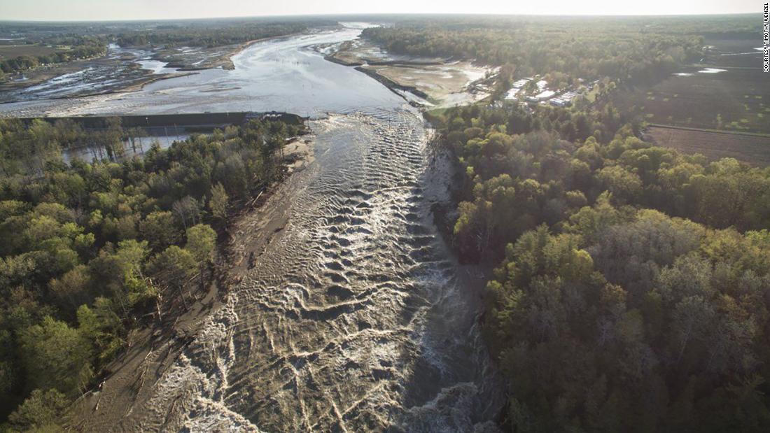 An aerial image taken by a drone shows the Edenville dam breach on Wednesday.