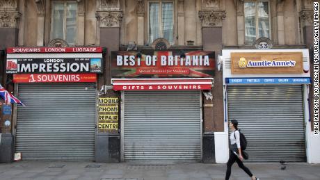 Shutters are down at closed tourist shops in London on May 12.
