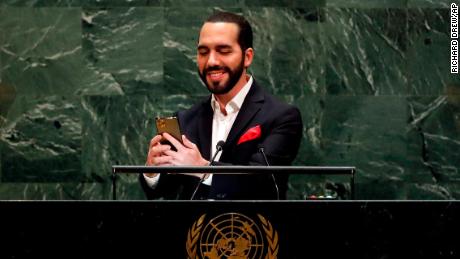 El Salvador&#39;s President Nayib Bukele takes a selfie portrait during his addresses to the 74th session of the United Nations General Assembly.